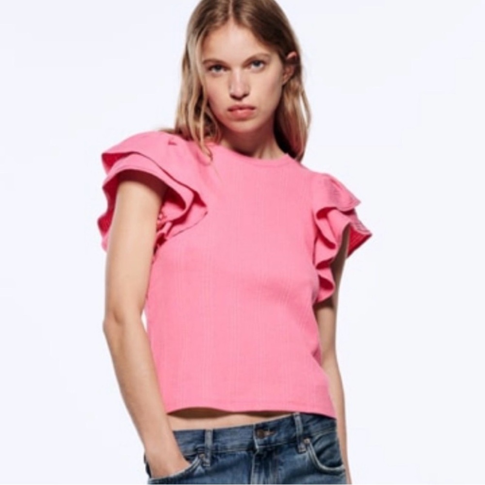 Zara Pink Ruffle Sleeve Cropped Top